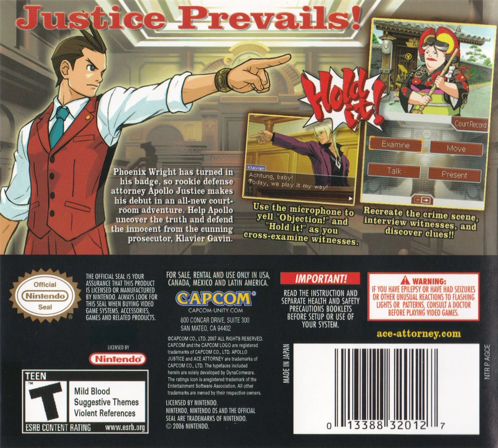 Apollo Justice - Ace Attorney Box Art - Back