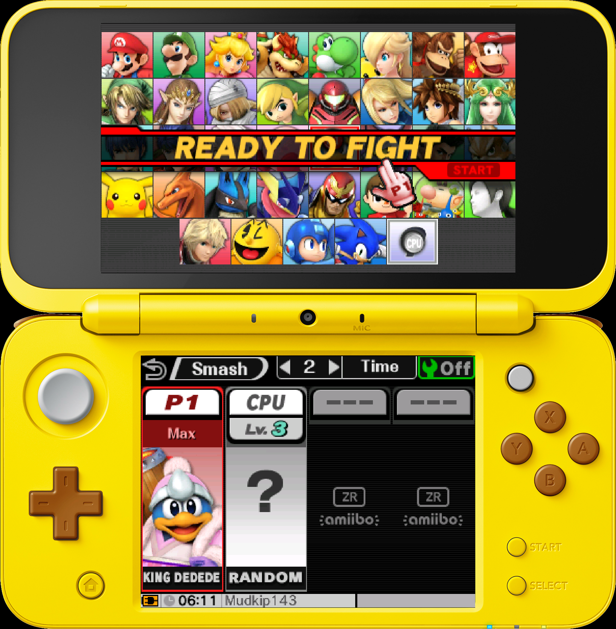 Super Smash Bros. for 3DS in an overlay of a Pikachu New 2DS XL