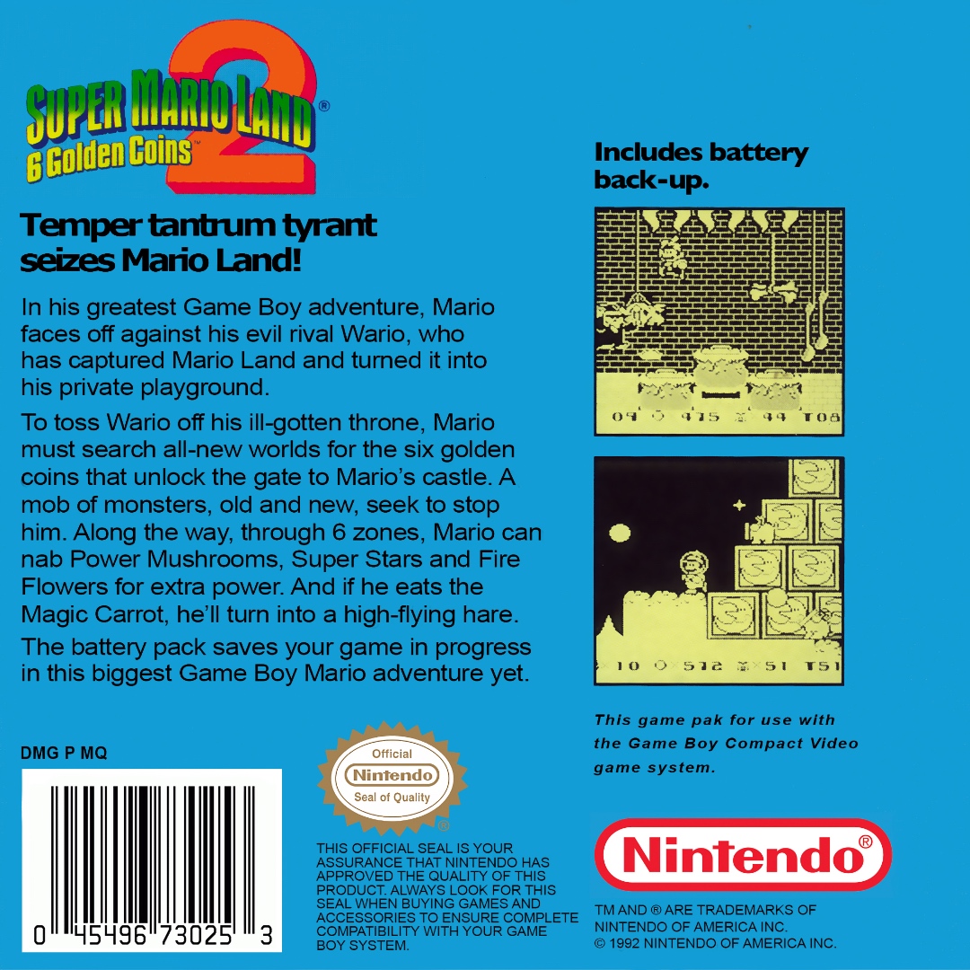 Super Mario Land 2 Box Art - Back