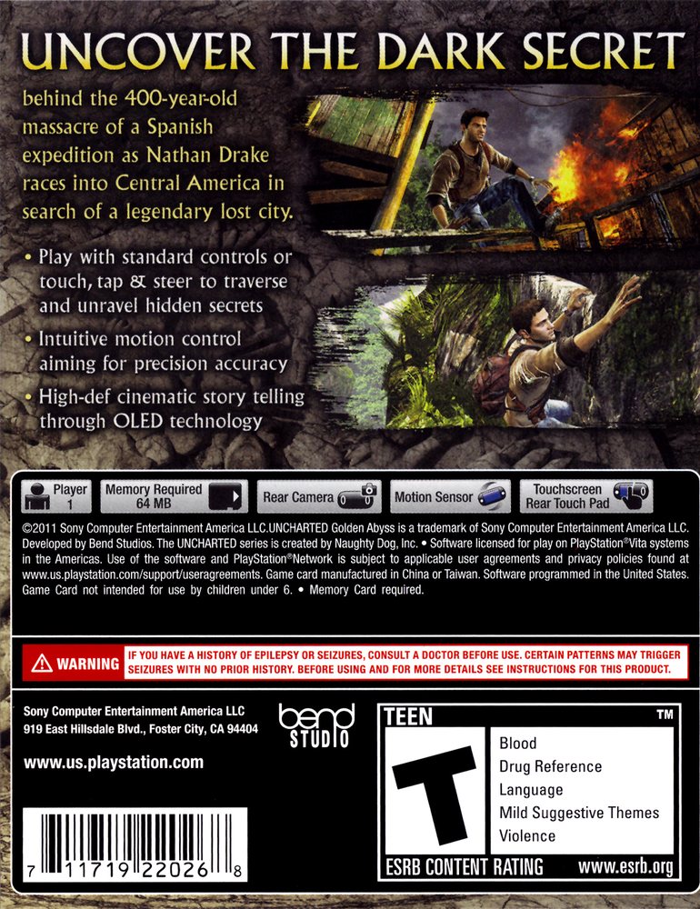 Uncharted - Golden Abyss Box Art - Back